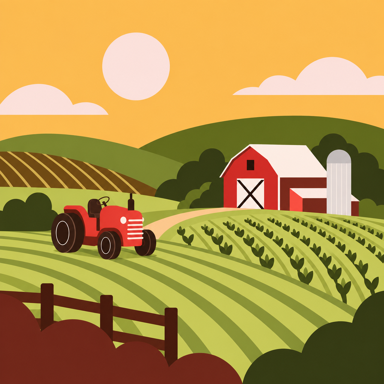 A flat style abstract scene of a farm with a tractor, barn, fields, and hills.